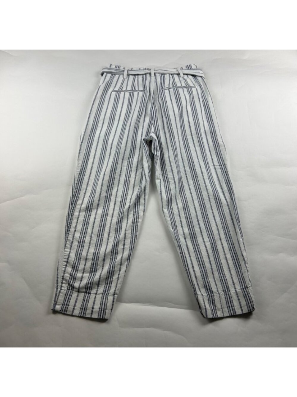 Madewell White Blue Stripe Linen High Rise Belted Ankle Pant 6 - Picture 6 of 7